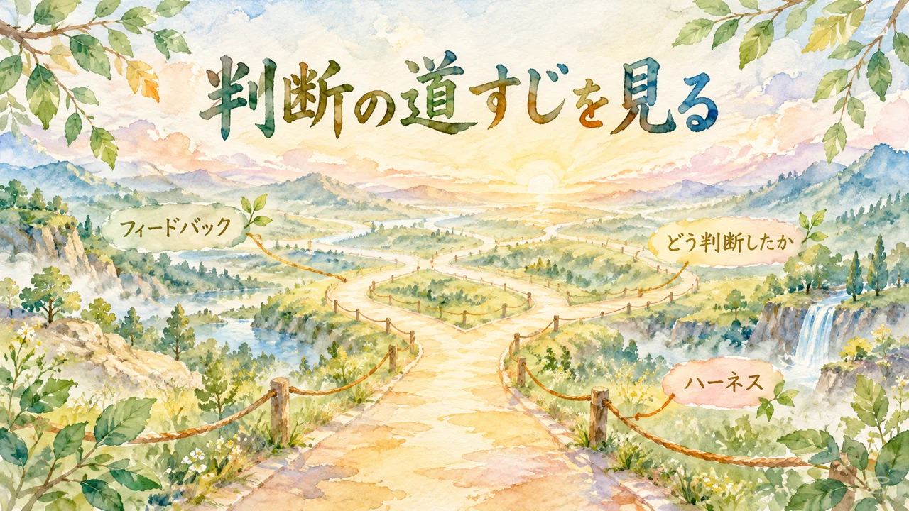 枝分かれする道すじを丸い光が照らし、手綱の縄が添う水彩イラスト。ラベルは「フィードバック」「どう判断したか」「ハーネス」