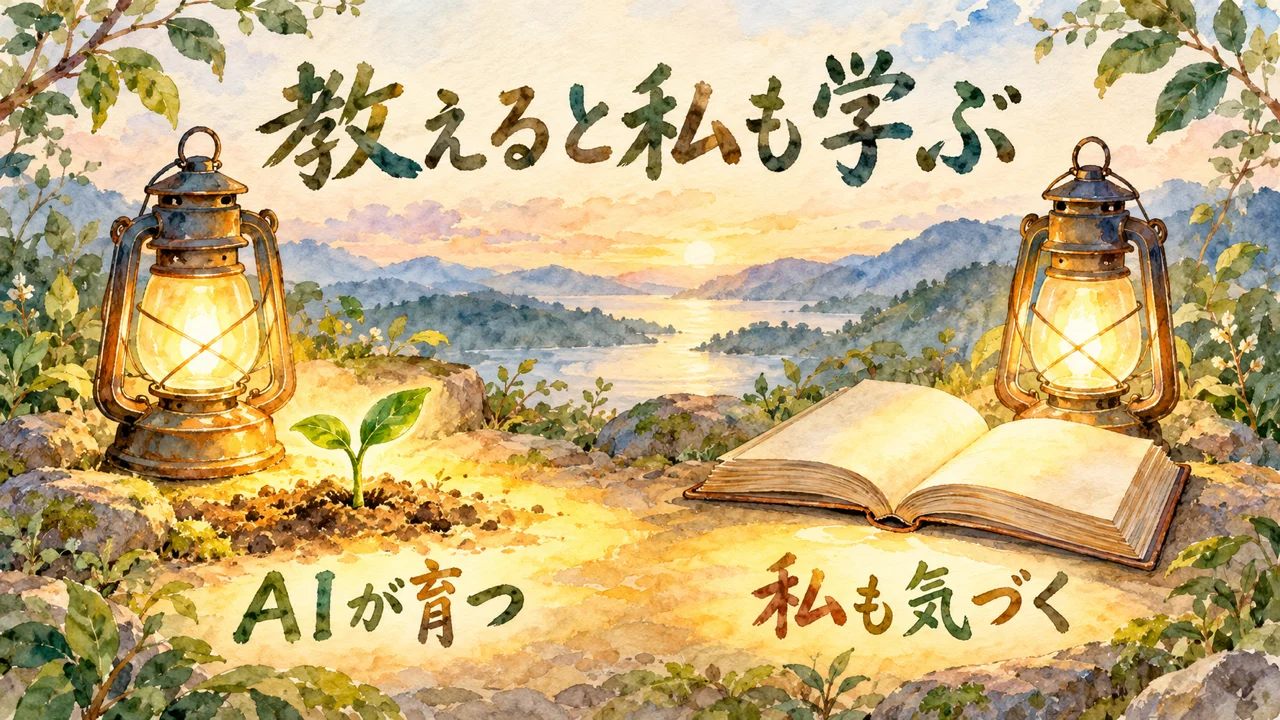 二つのランタンが並んで灯り、左は芽（AIが育つ）、右は開いた本（私も気づく）を照らす水彩イラスト