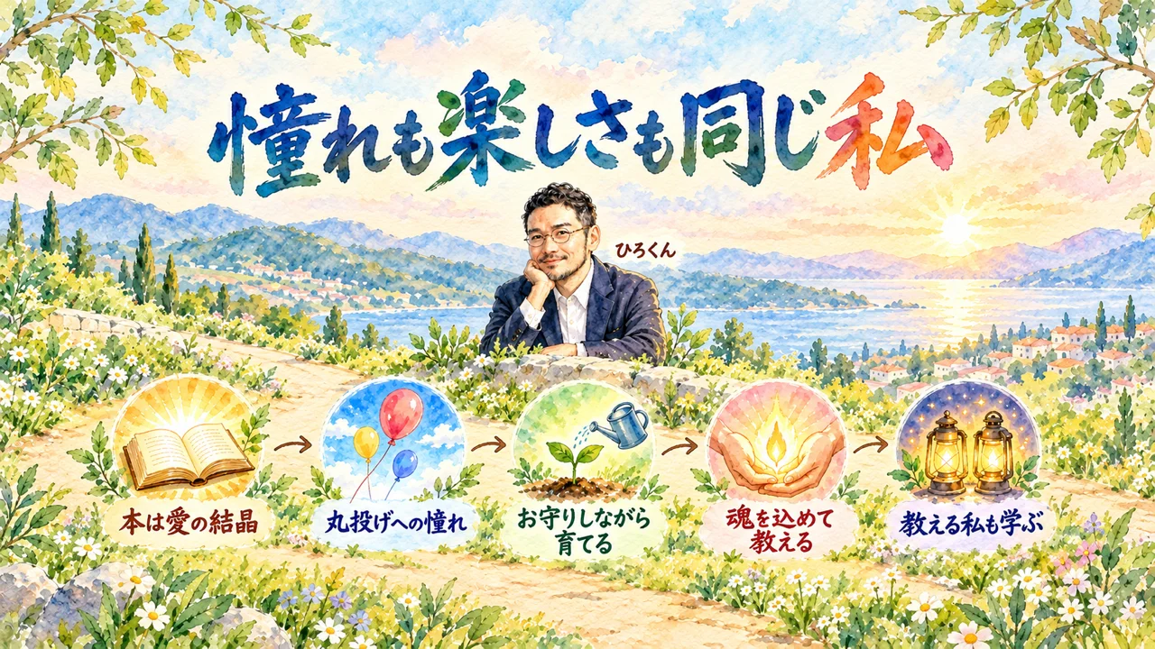 本は愛の結晶、丸投げへの憧れ、お守りしながら育てる、魂を込めて教える、教える私も学ぶ。五つの印が道に並び、ひろくんが見渡す水彩の図解