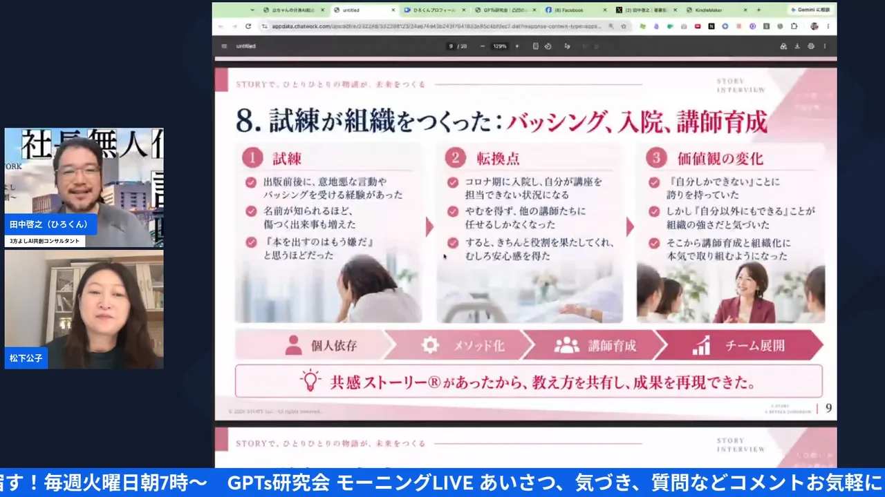 LIVE画面｜公ちゃんの資料「試練が組織をつくった：バッシング、入院、講師育成」のスライド