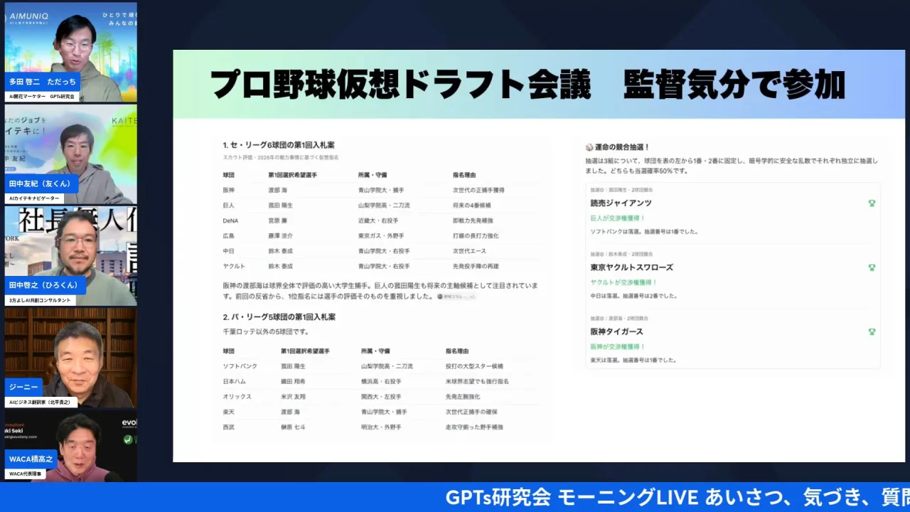 LIVE画面｜ChatGPTで行ったプロ野球仮想ドラフト会議の画面