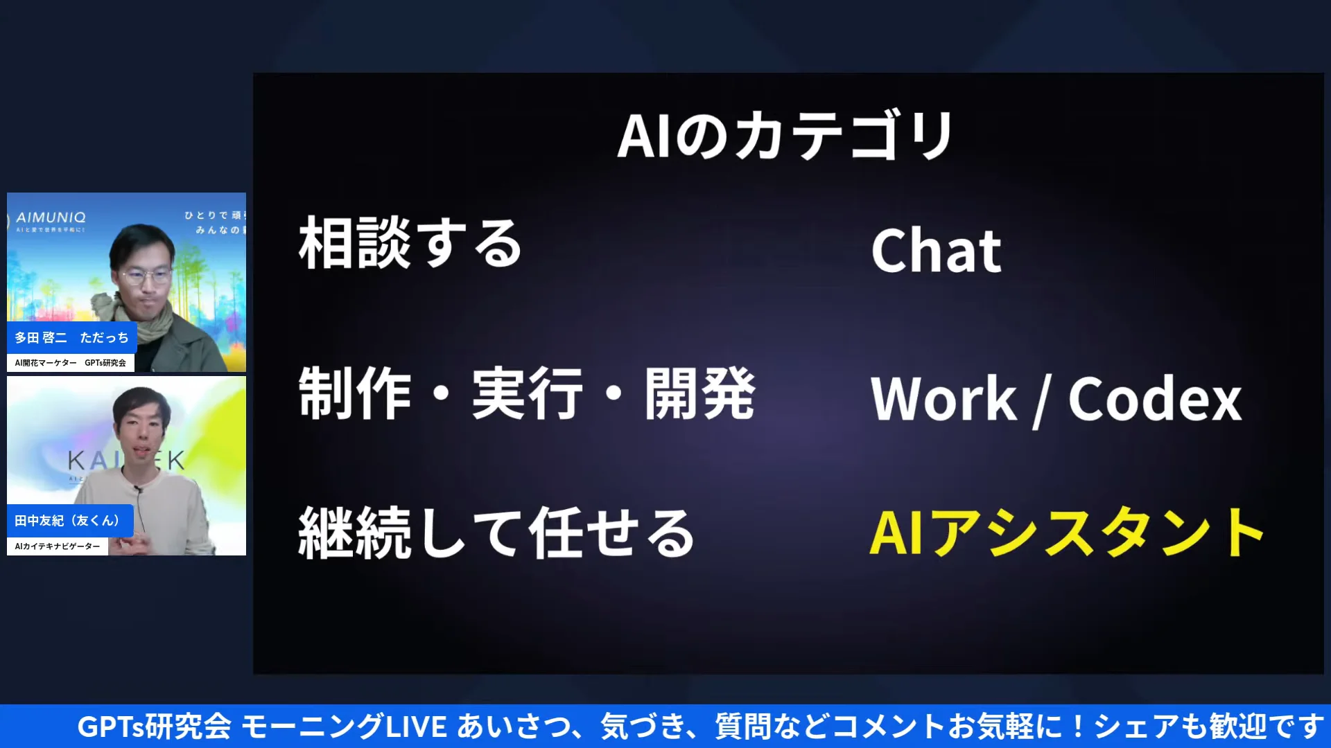 LIVE画面｜スライド「AIのカテゴリ」相談する（Chat）、制作・実行・開発（Work / Codex）、継続して任せる（AIアシスタント）