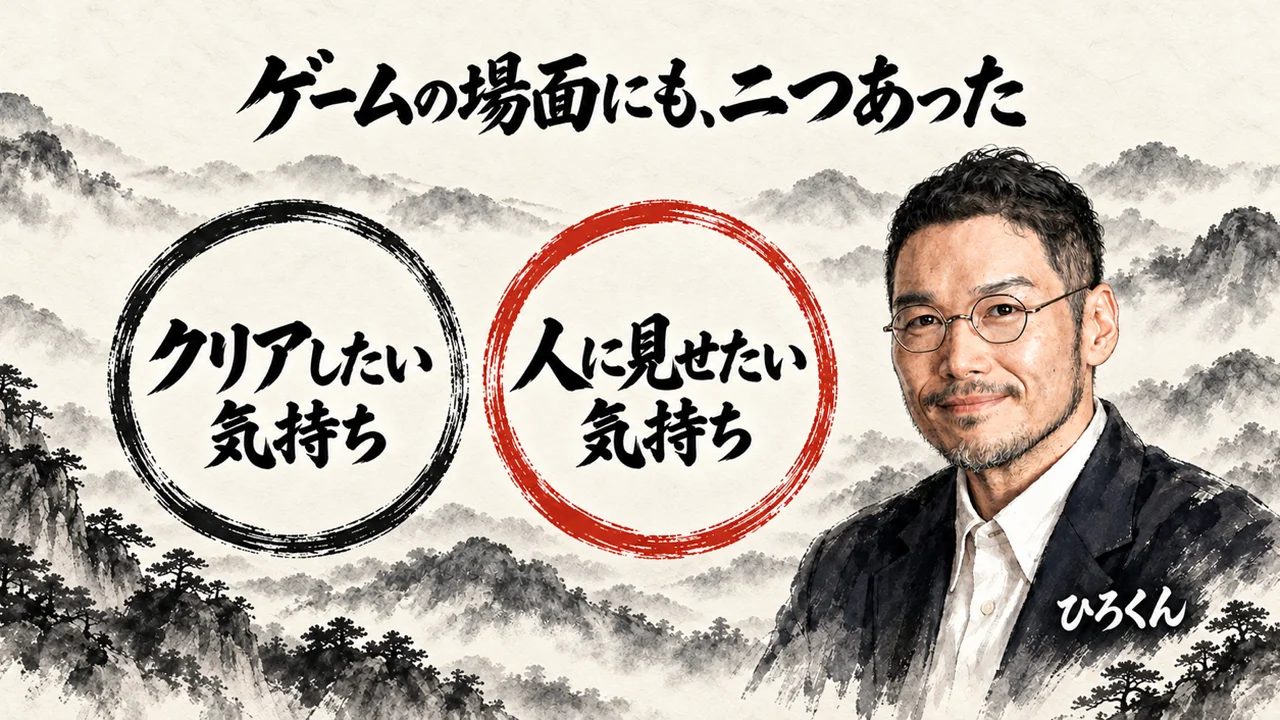 水墨の山並みと霧を背景に、上部中央に大見出し「ゲームの場面にも、二つあった」、その下に同じ大きさの円を左右に並べ、左の墨の円に「クリアしたい気持ち」、右の朱色の円に「人に見せたい気持ち」と書き、右に胸から上の私と名前ラベル「ひろくん」を置いた図(AI生成。実際の服装や場面を示すものではありません)
