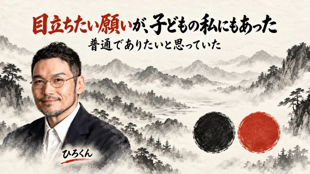 霧の水墨の山並みを背景に、上部中央に大きな筆文字の題「目立ちたい願いが、子どもの私にもあった」とその下の小さな文字「普通でありたいと思っていた」を置き、左下に胸から上の私と名前ラベル「ひろくん」、右下に同じ大きさの墨の円と朱色の円を一つずつ並べた図(AI生成。実際の服装や場面を示すものではありません)