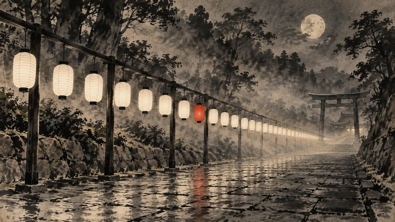 夜の石畳の参道に白い提灯が並び、そのうち中ほどの一つだけが朱色で、奥に鳥居と社、空に満月が見え、濡れた石畳に朱色が映るイメージ図(AI生成の墨絵風。文字は描かれていません)