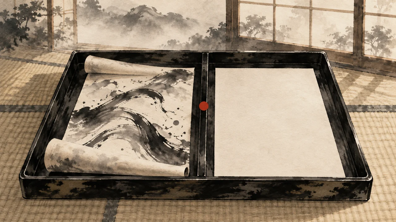 畳の上に置かれた黒漆の盆が仕切りで二つに分かれ、左に墨で太い波の筆あとを描いた巻紙、右に白い紙が入り、仕切りに朱色の点が一つあるイメージ図(AI生成の墨絵風。文字は描かれていません)