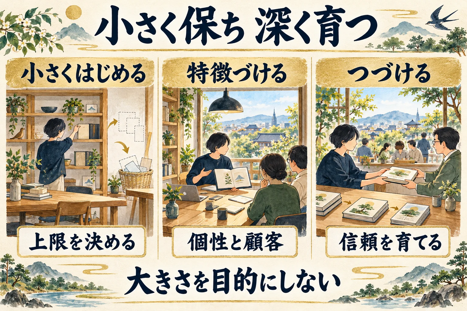 小さくはじめる・特徴づける・つづけるという本の三部と、上限を決める・個性と顧客・信頼を育てるという論点を示す全体図