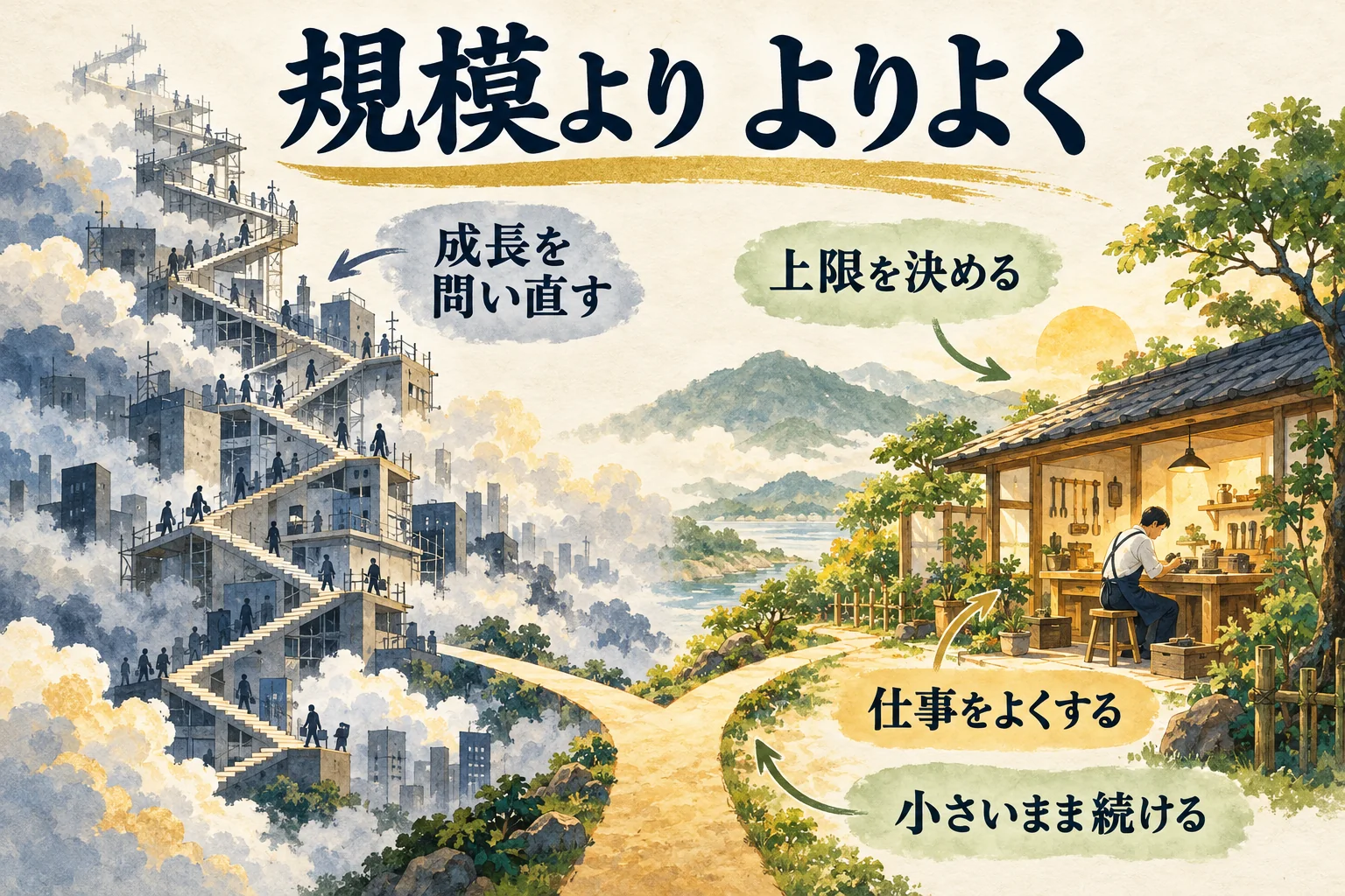 規模を大きくする前に成長を問い直し、上限を決め、仕事をよくして小さいまま続ける選択を示す図