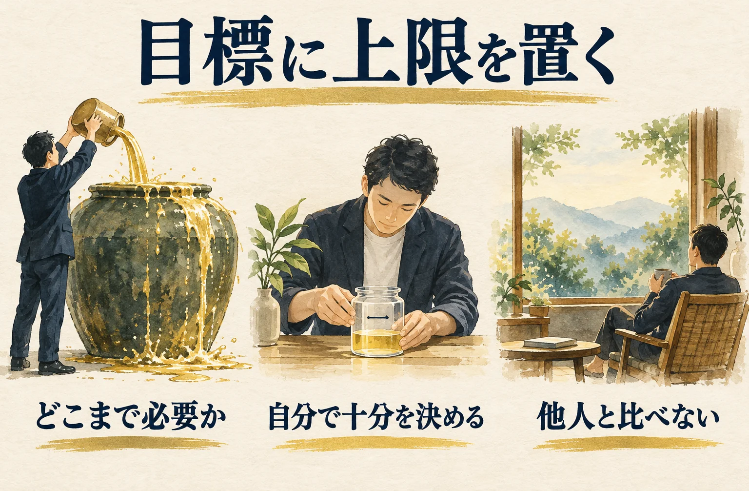 どこまで必要かを問い、自分で十分を決め、他人と比べないという目標の上限を示す図