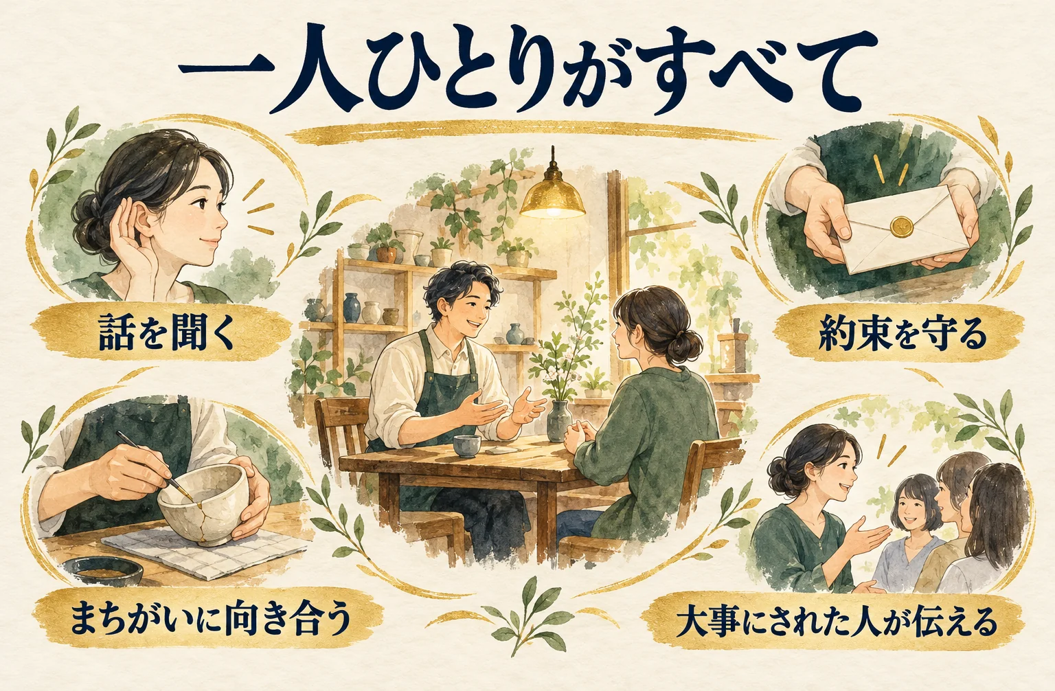話を聞き、約束を守り、まちがいに向き合うことで、大事にされた顧客が人へ伝える場面を示す図
