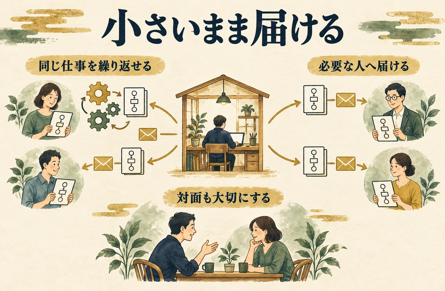 同じ仕事を繰り返せる仕組みで必要な人へ届け、対面での関係も大切にする考え方を示す図