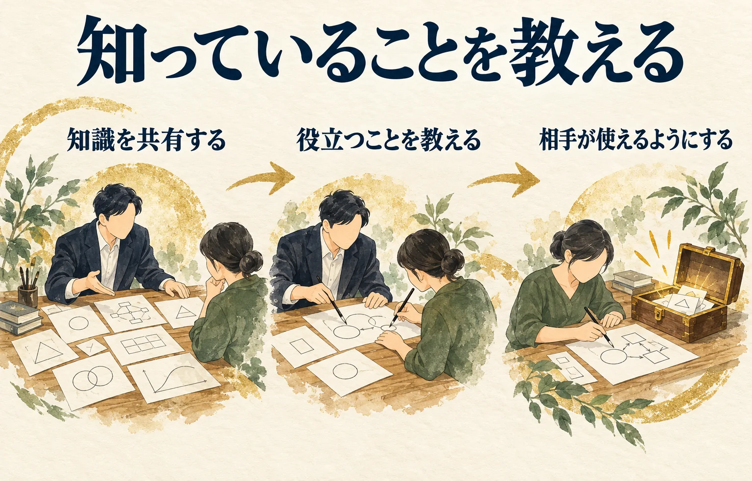 知識を共有し、役立つことを教えて、相手が使えるようにする場面を示す図