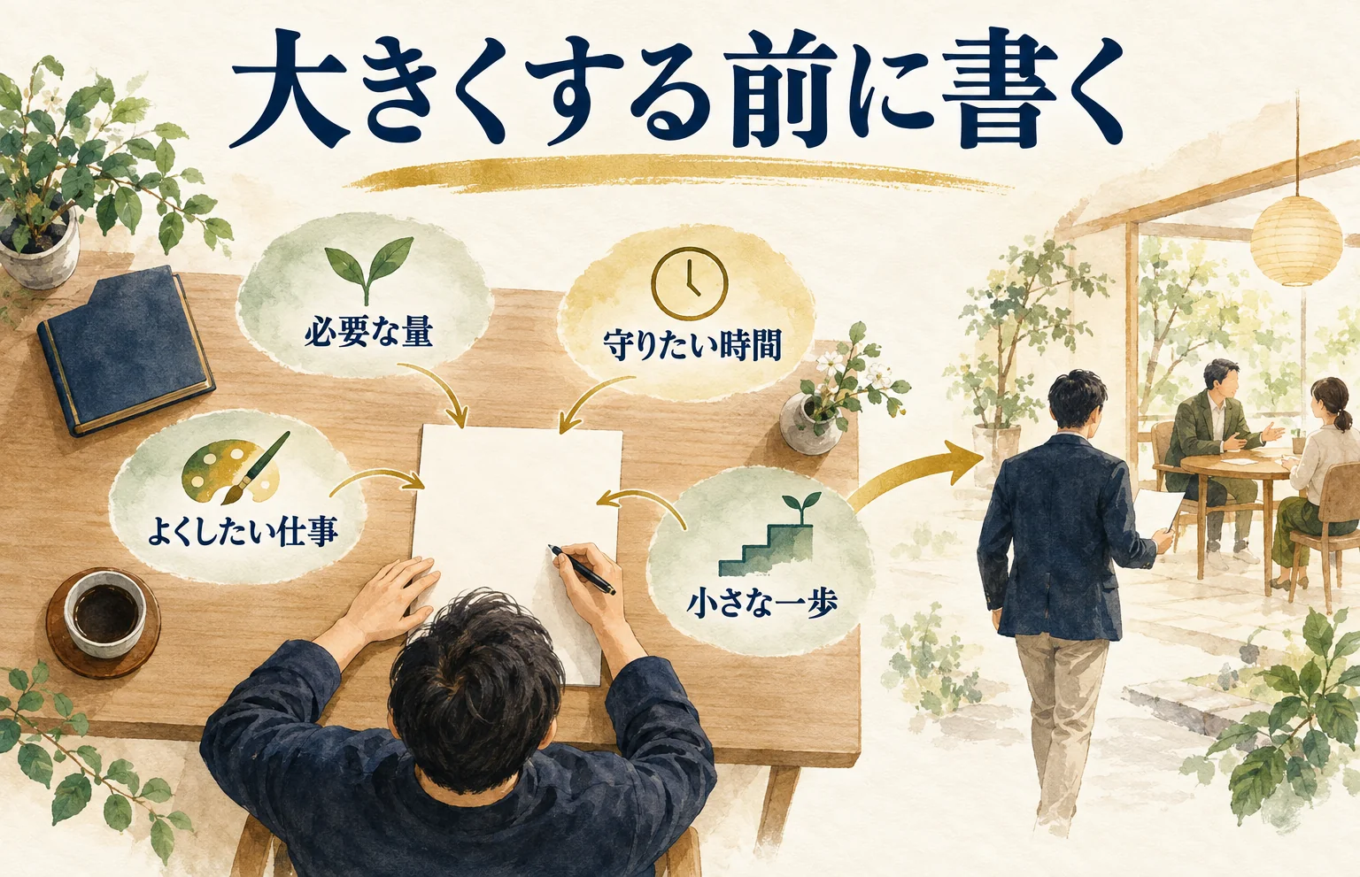 必要な量、守りたい時間、よくしたい仕事、小さな一歩を紙に書き、大きくする前の判断を具体的にする実践の図