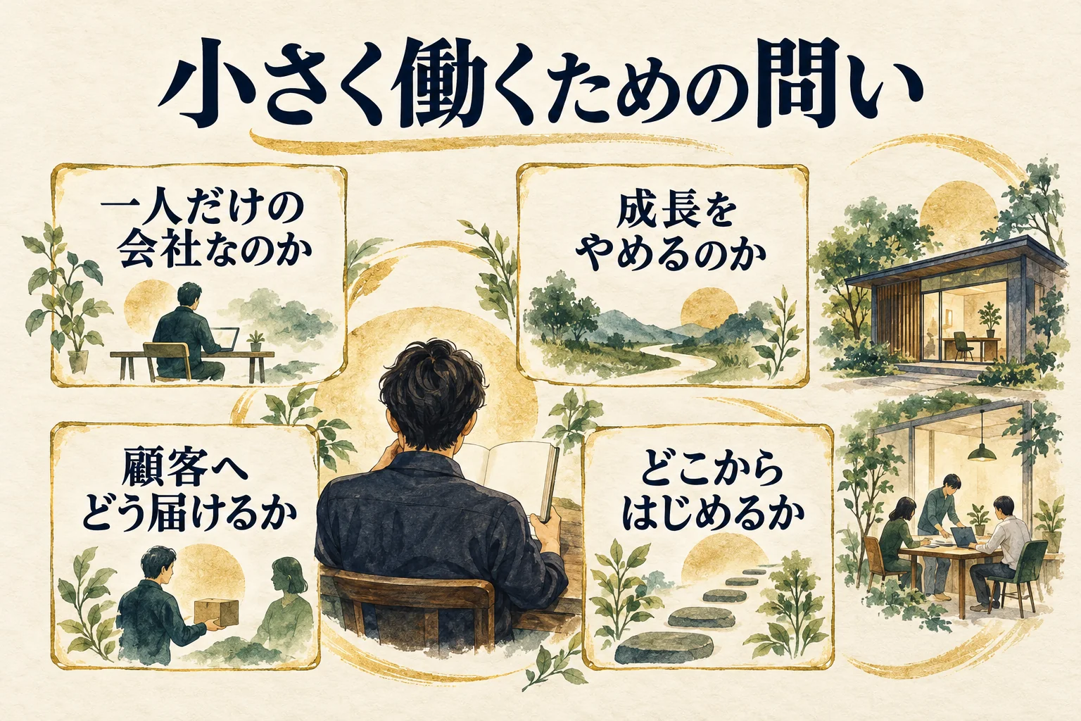 一人だけの会社なのか、成長をやめるのか、顧客へどう届けるか、どこからはじめるかを考える質問の図