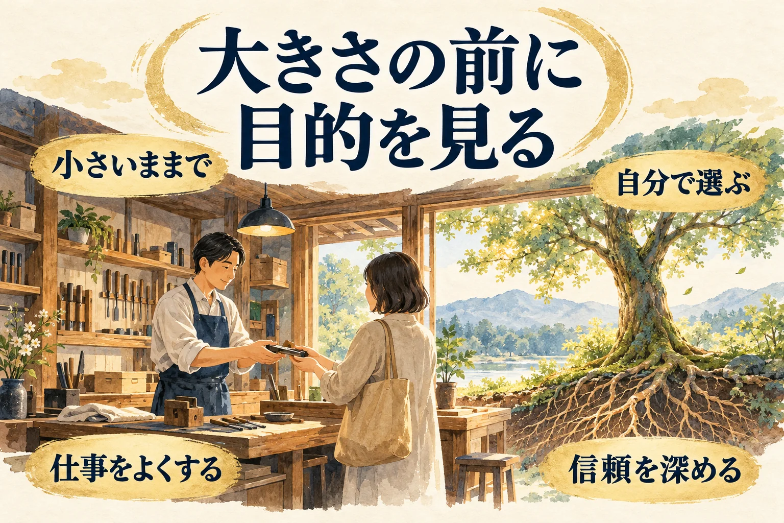 小さいままで仕事をよくし、信頼を深め、自分で選ぶという本を踏まえた判断を示すまとめの図