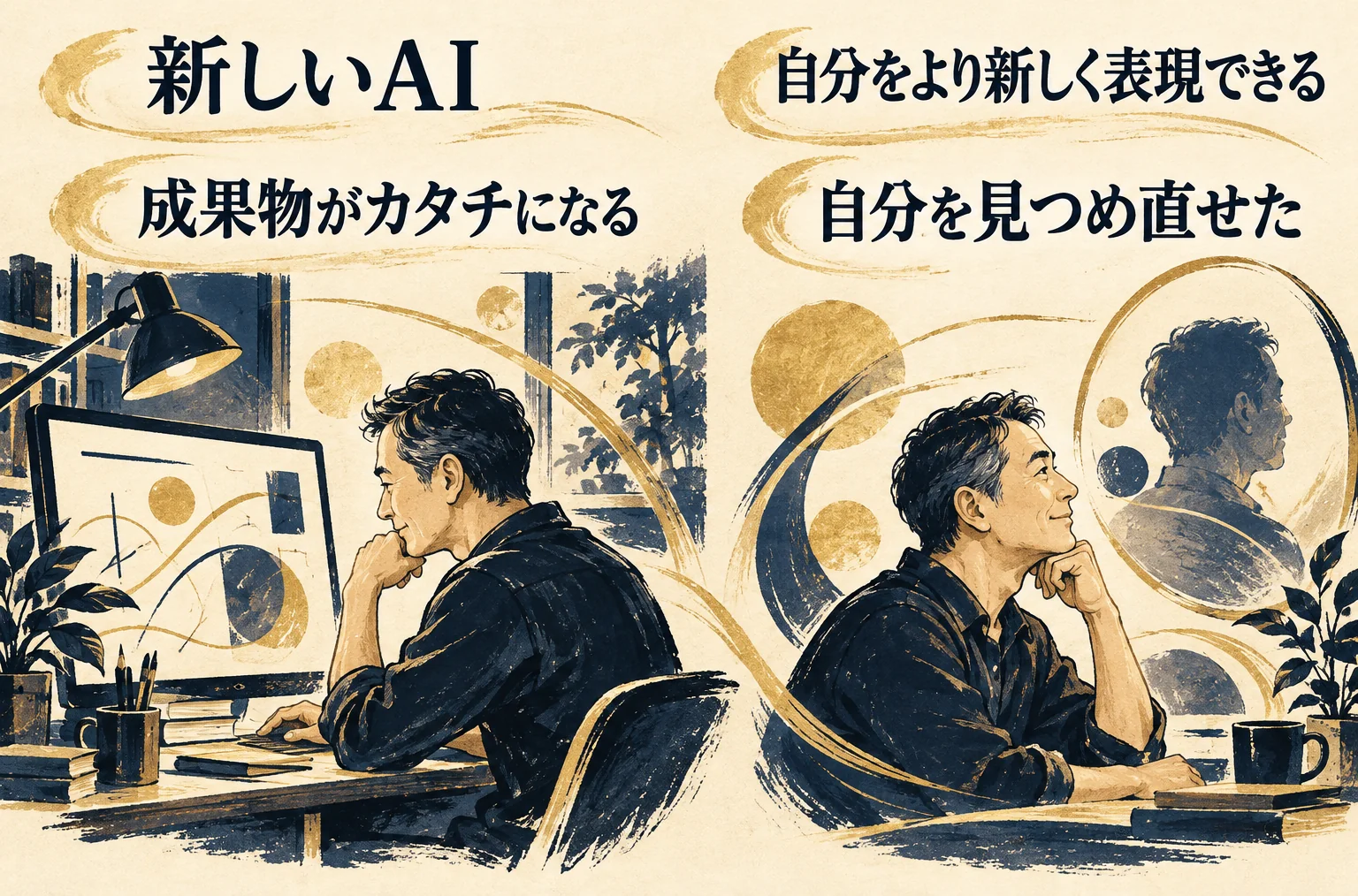 新しいAIで自分を表現し、成果物が形になることと、自分を見つめ直せたことを示す本人コラムの図。