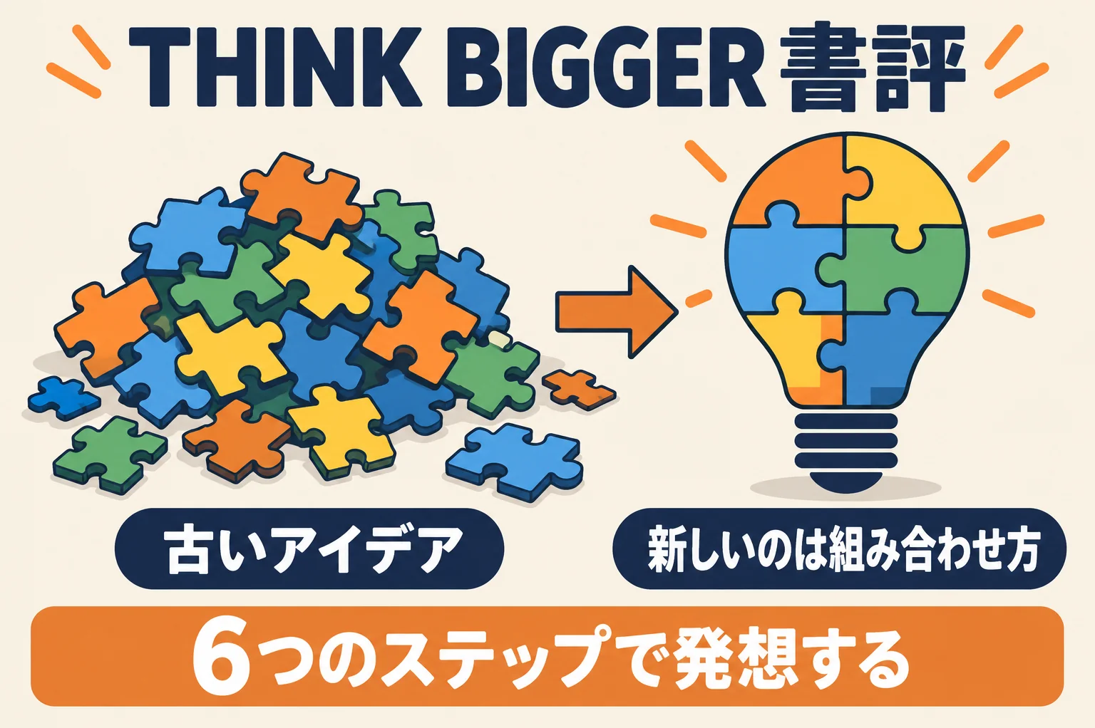 『THINK BIGGER』書評の導入図。左に色の違うパズルのピースの山「古いアイデア」、右に組み上がったピースと電球「新しいのは組み合わせ方」、下の帯に「6つのステップで発想する」