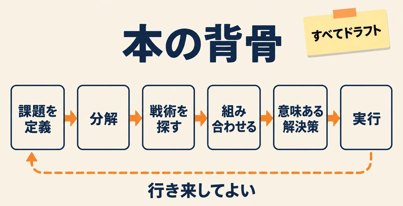本の背骨の流れ図。「課題を定義」「分解」「戦術を探す」「組み合わせる」「意味ある解決策」「実行」が左から右に並び、戻り矢印に「行き来してよい」「すべてドラフト」