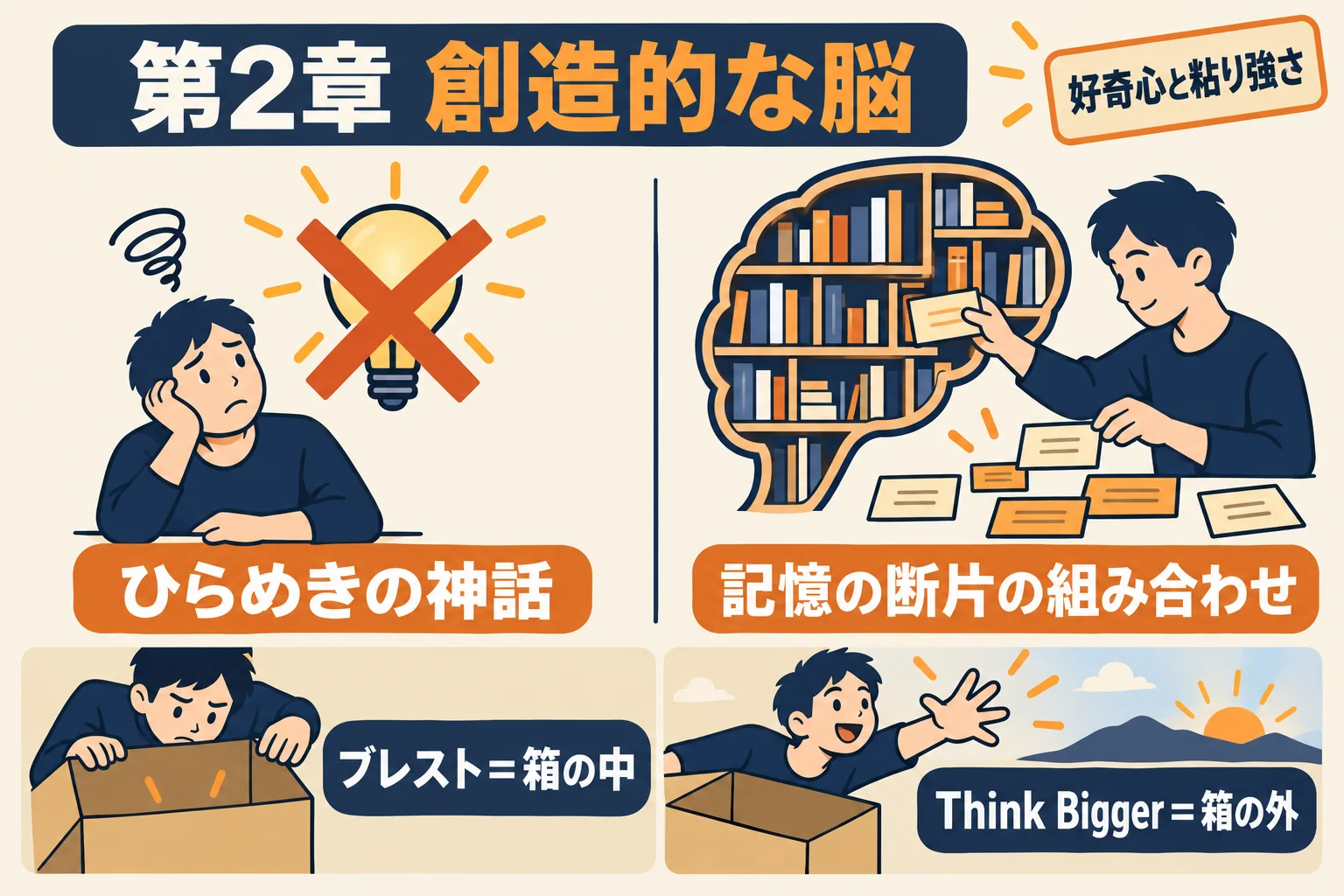 第2章の図。左に×印付きの「ひらめきの神話」、右に記憶の本棚から断片を取り出す脳「記憶の断片の組み合わせ」、下段に「ブレスト＝箱の中」と「Think Bigger＝箱の外」の対比、隅に「好奇心と粘り強さ」