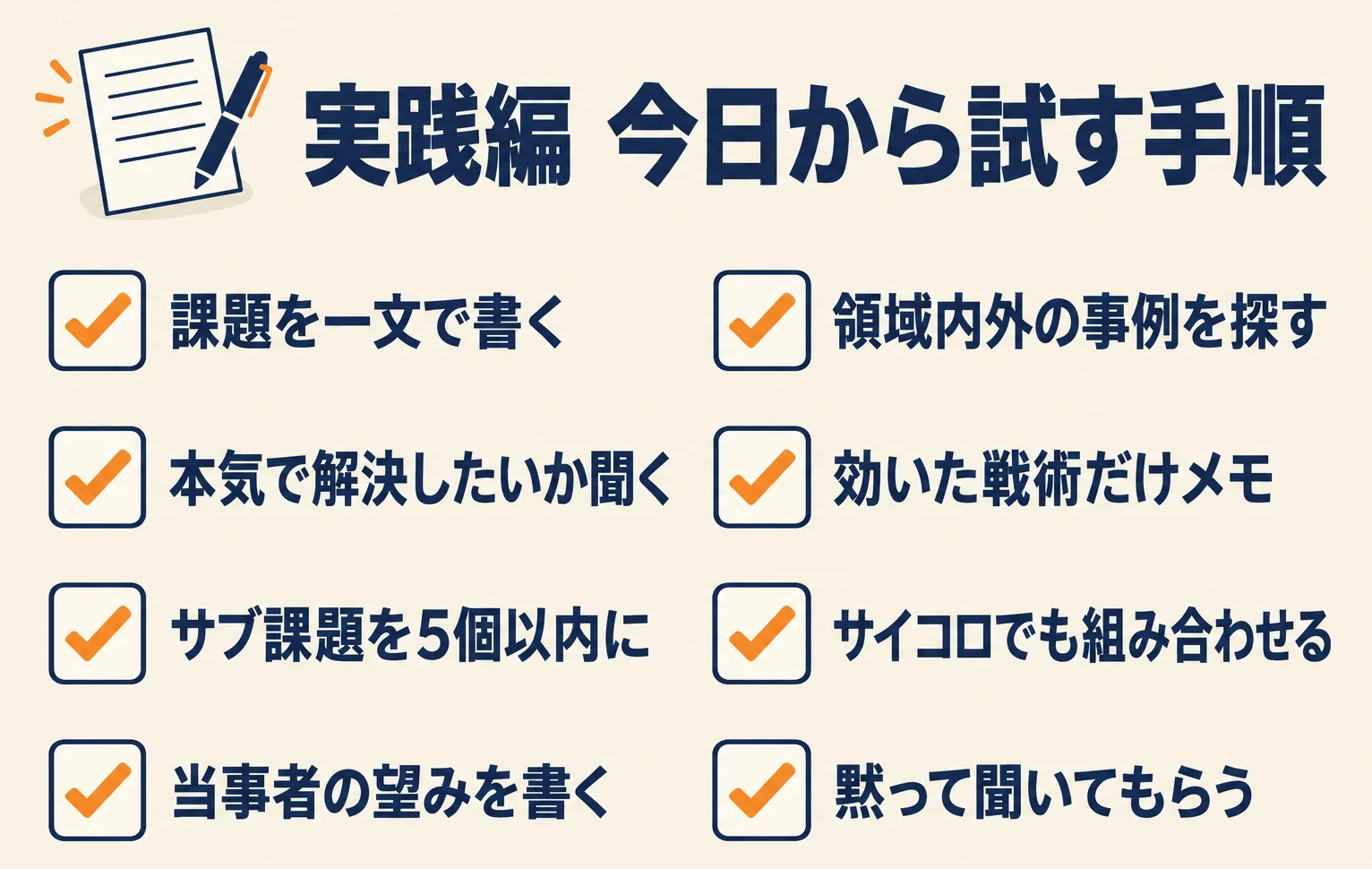 実践編のチェックリスト図。上から「課題を一文で書く」「本気で解決したいか聞く」「サブ課題を5個以内に」「当事者の望みを書く」「領域内外の事例を探す」「効いた戦術だけメモ」「サイコロでも組み合わせる」「黙って聞いてもらう」の8項目