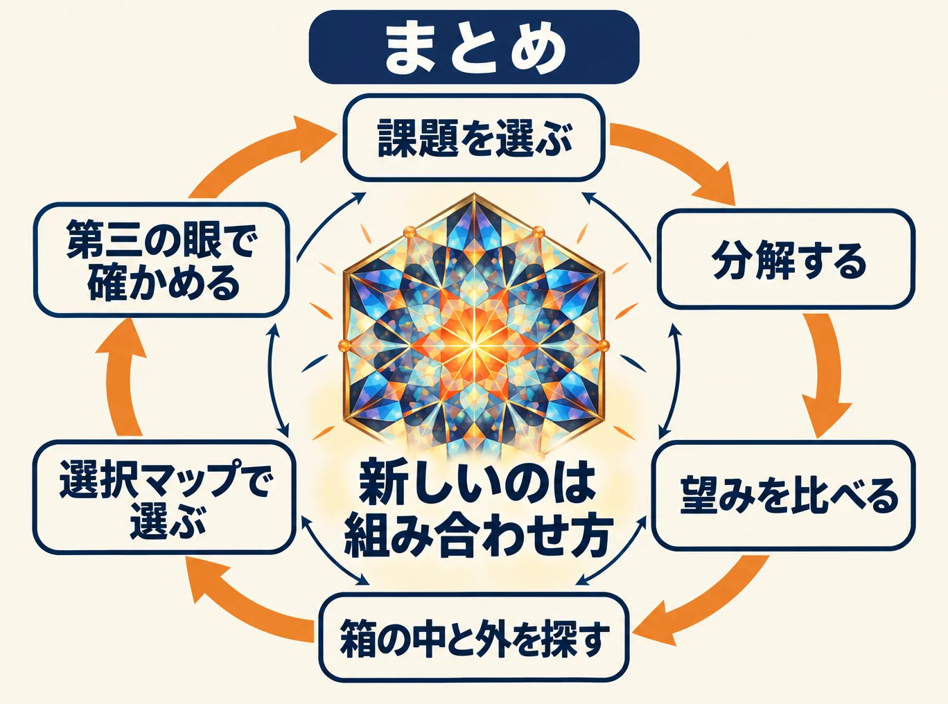 まとめの図。中央に「新しいのは組み合わせ方」、周りを円形の矢印で「課題を選ぶ」「分解する」「望みを比べる」「箱の中と外を探す」「選択マップで選ぶ」「第三の眼で確かめる」がめぐる