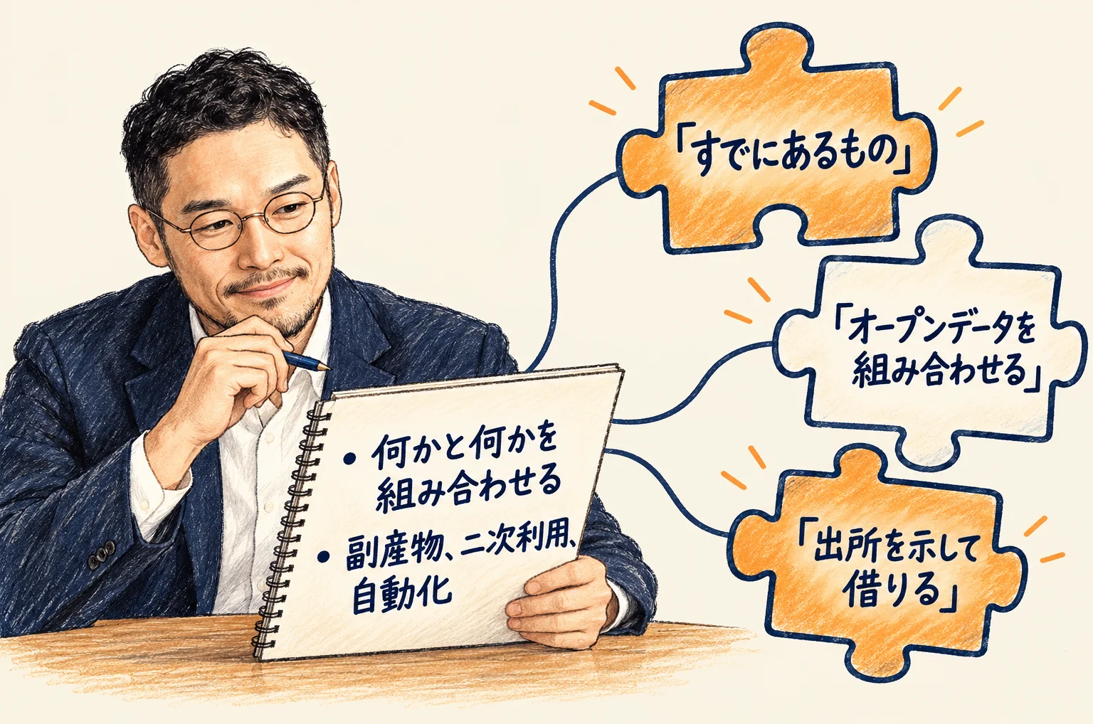 コラムの柔らかいイラスト。左に机で手書きメモを見るひろくん、メモには「何かと何かを組み合わせる」「副産物、二次利用、自動化」。右にパズルのピース「すでにあるもの」「オープンデータを組み合わせる」「出所を示して借りる」