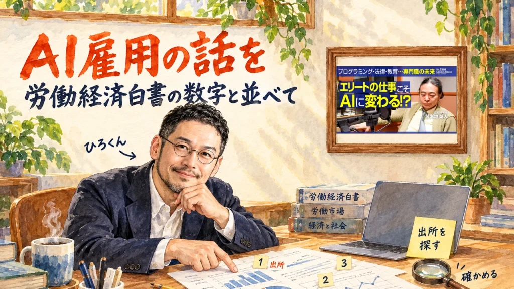 アイキャッチ: 机で出所の札を指すひろくんと、苫米地英人さんのAI雇用の話を労働経済白書の数字と並べて読む記事。壁に動画のサムネイル