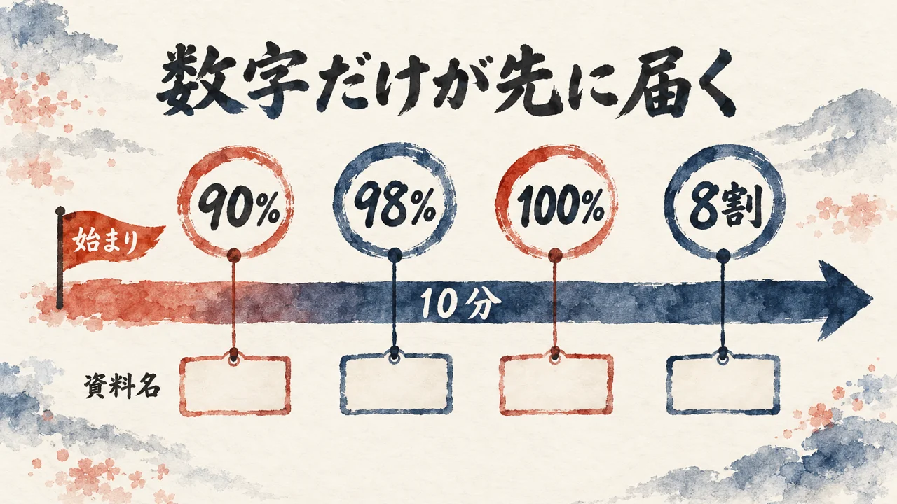 図解: 10分の動画の中に、資料の名前なしで数字の札だけが並ぶ流れ