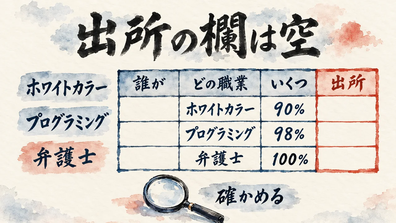 図解: 言い切られた数字を誰が・どの職業・いくつ・出所の4つの欄で並べ、出所の欄が空であること