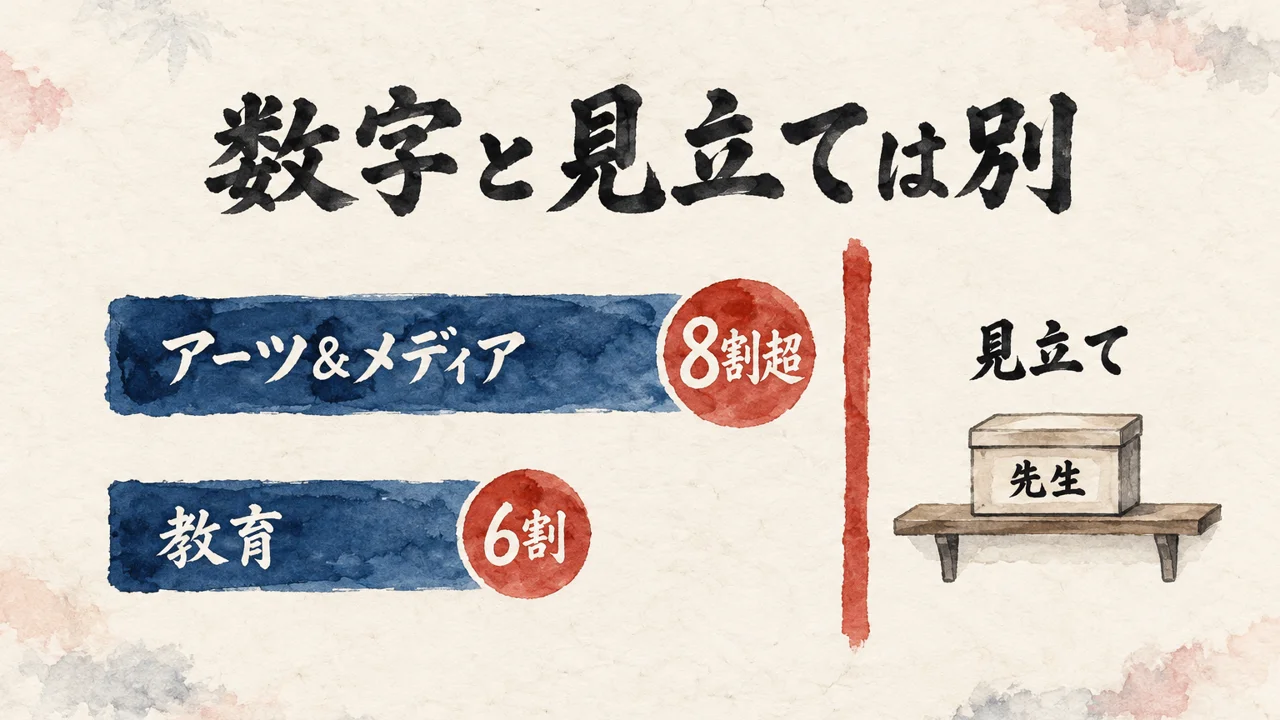 図解: アーツ＆メディア8割超・教育6割という数字と、先生の見立てを別の棚に置く