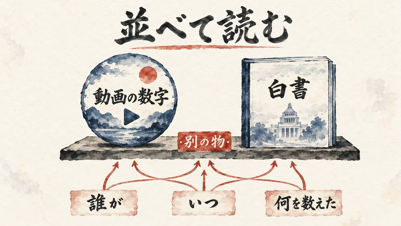 図解: 動画の数字と労働経済白書の数字を同じ高さに並べ、誰が・いつ・何を数えたかを見る