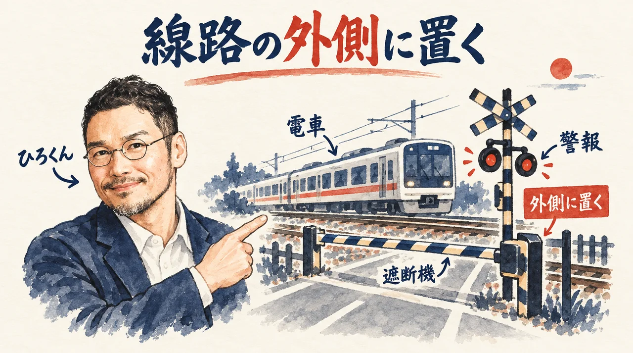 ひろくんが、電車の通る線路と踏切の遮断機・警報機を指さす図解。題字は「線路の外側に置く」で、「外側に置く」の札が付いている