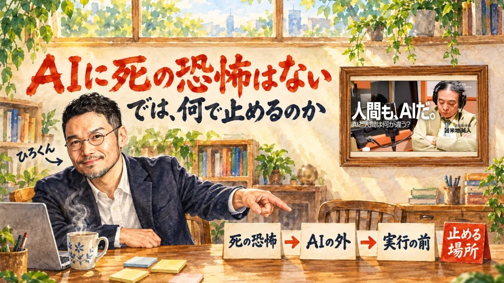 ひろくんが机の前で、「死の恐怖」「AIの外」「実行の前」「止める場所」の4枚の札を指さすアイキャッチ。題字は「AIに死の恐怖はない　では、何で止めるのか」。壁に動画のサムネイル