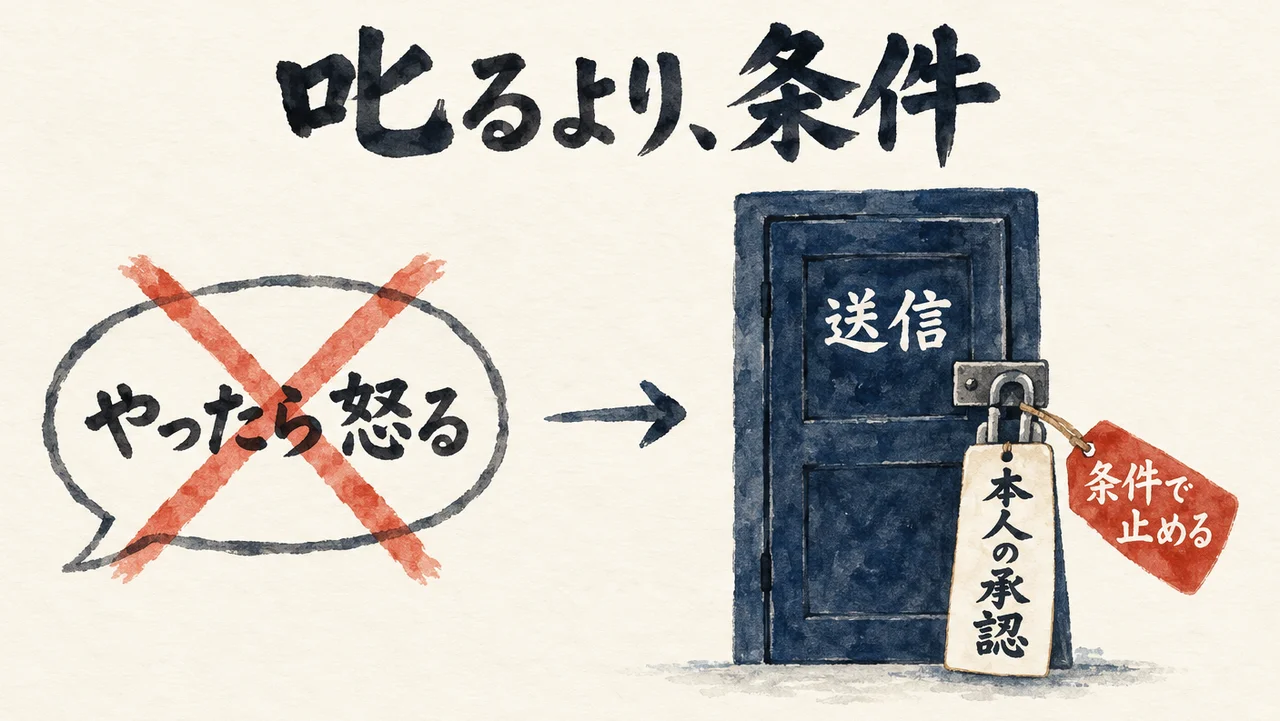 「やったら怒る」の吹き出しにバツが付き、矢印の先の「送信」の扉に、「本人の承認」の札つきの錠と「条件で止める」の札が付いた図解