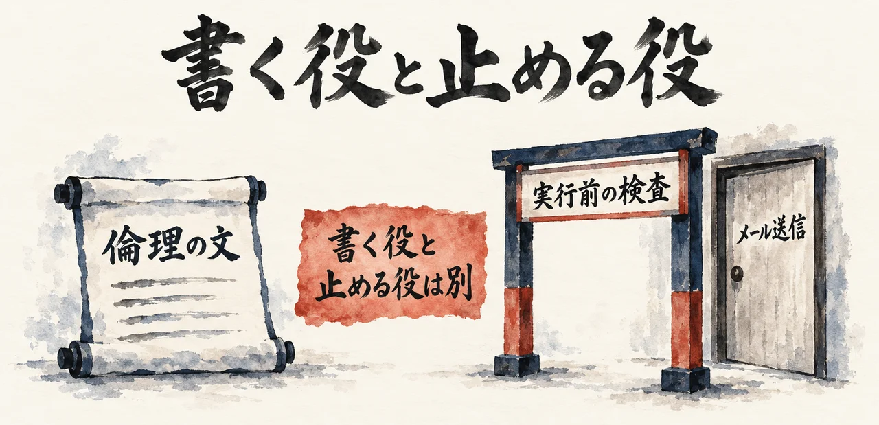 「倫理の文」の巻物と、「実行前の検査」の門の先にある「メール送信」の扉が並び、「書く役と止める役は別」の札が付いた図解