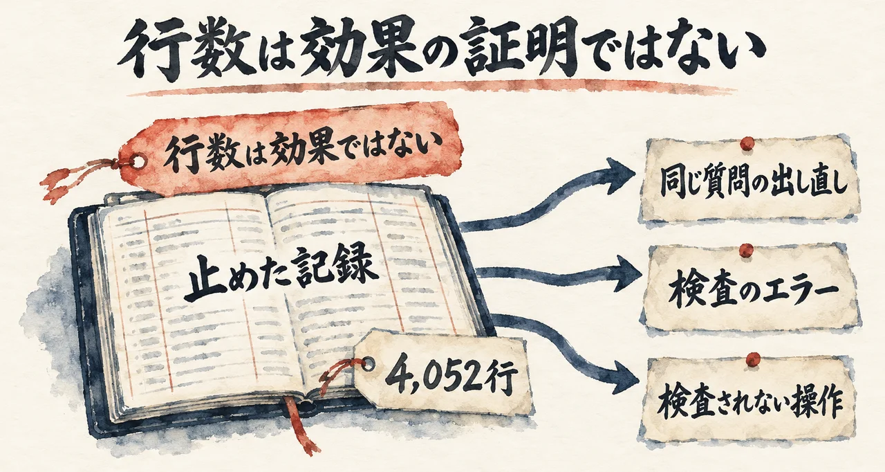 「止めた記録」の帳面に「4,052行」の札が付き、「同じ質問の出し直し」「検査のエラー」「検査されない操作」の3枚へ矢印が伸びる図解。題字は「行数は効果の証明ではない」