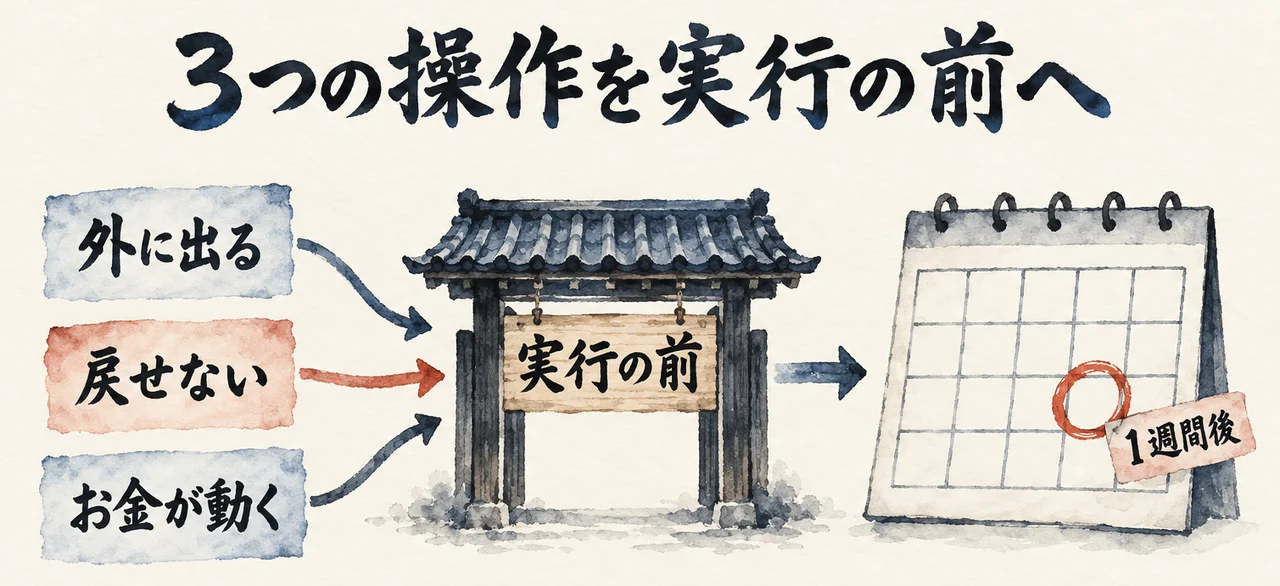 「外に出る」「戻せない」「お金が動く」の3枚の札が「実行の前」の門へ集まり、門の先のカレンダーに「1週間後」の丸印が付いた図解