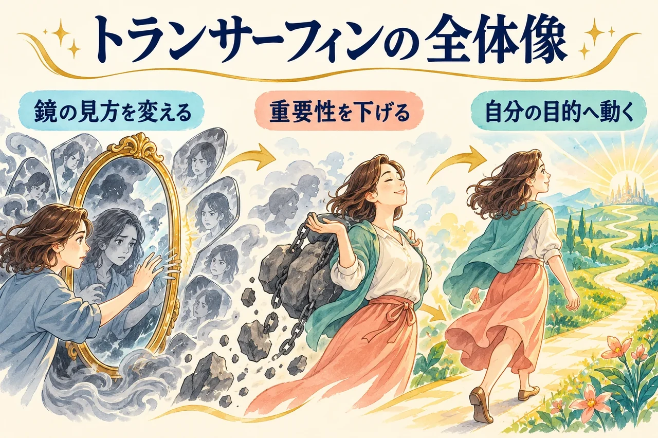 トランサーフィンの全体像。鏡の見方を変える、重要性を下げる、自分の目的へ動く