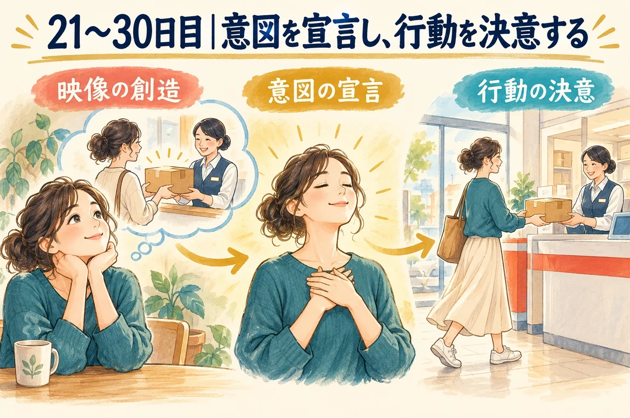 21〜30日目。郵便局で小包を受け取る比喩を通じて、静かな意図が具体的な行動へ近づく様子。
