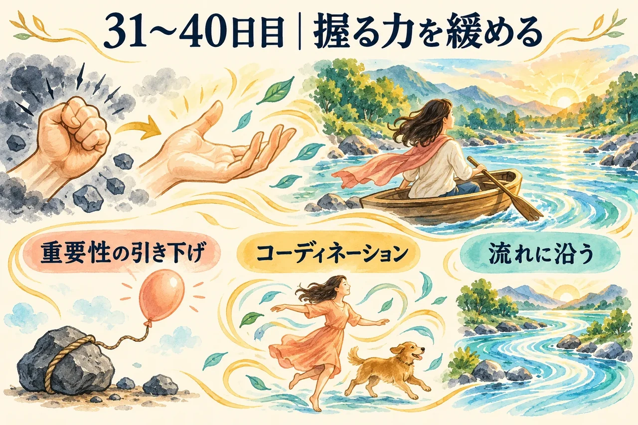 31〜40日目。固く握った拳を開き、重要性を下げながら状況の流れを観察する様子。