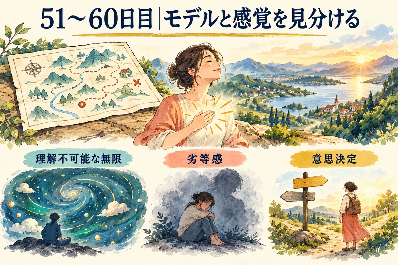 51〜60日目。世界のモデルを地図にたとえ、自分の感覚を聴いて決断を確かめる様子。
