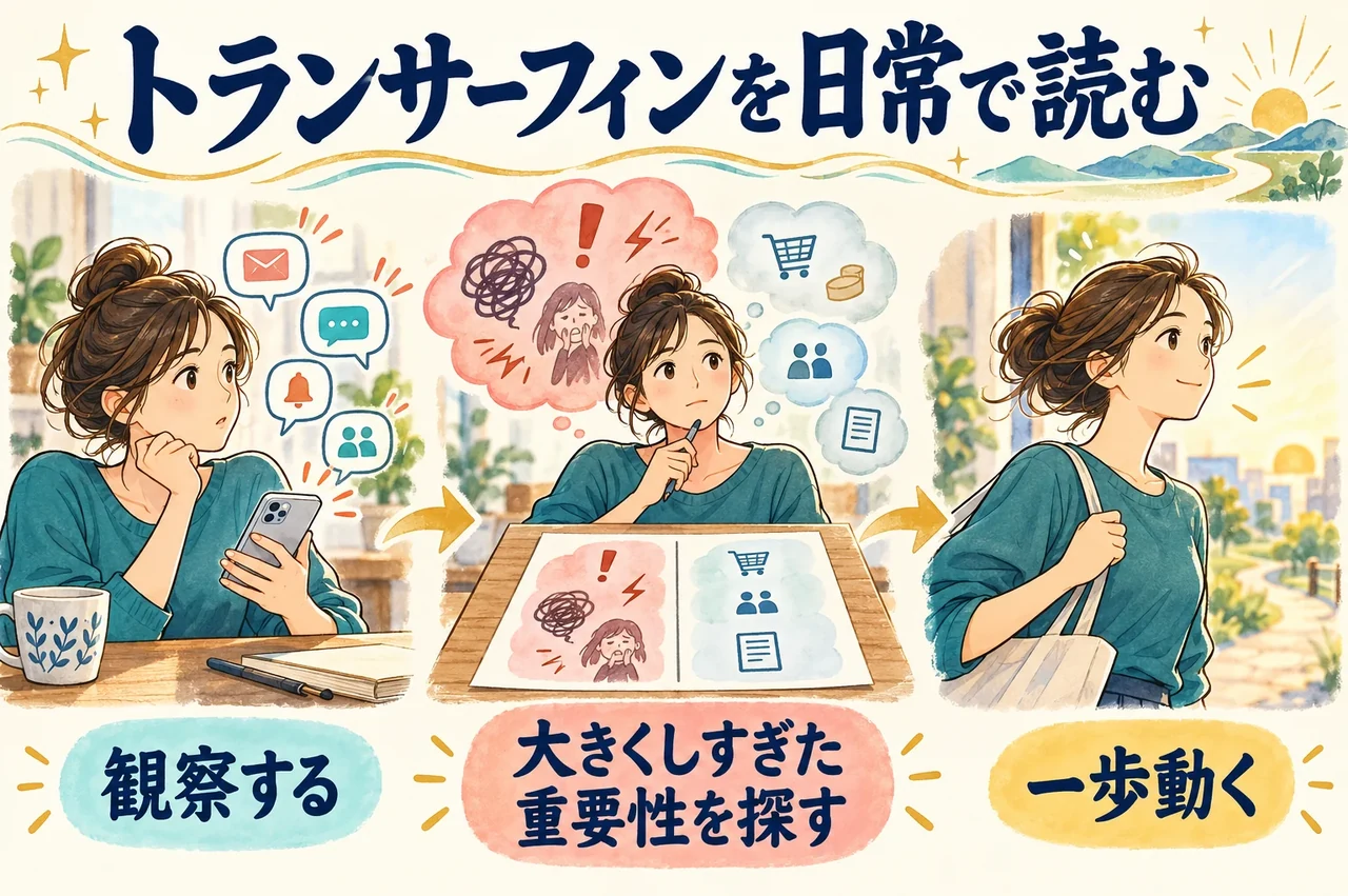 トランサーフィンを日常で読む。観察する、大きくしすぎた重要性を探す、一歩動く