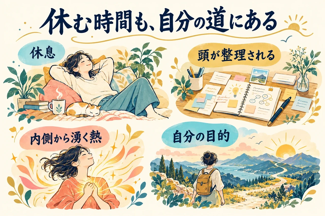 休む時間も自分の道にある。休息と頭の整理や内側の熱を、別々の島として表した図。
