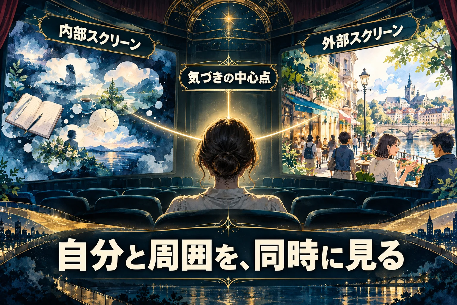 内部の思考と外部の出来事の両方を、気づきの中心点から見る本書の図