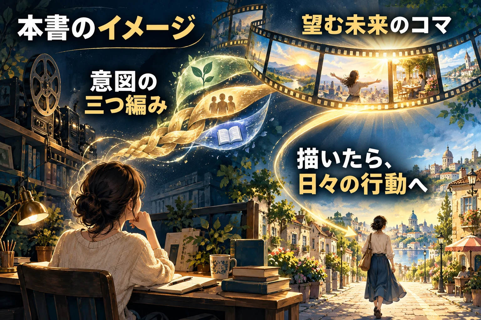 意図の三つ編みを著者のイメージとして描き、望む未来を思い描いた後に日々の行動へ戻る図