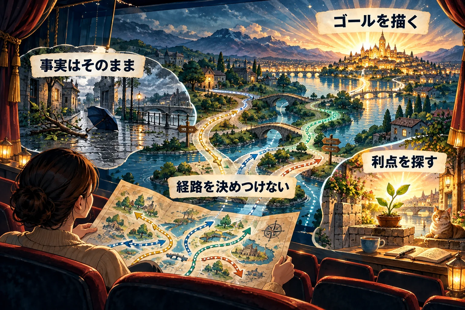 ゴールの場面を見ながら経路を固定せず、起きた事実と受け取り方を分けて利点を探す図