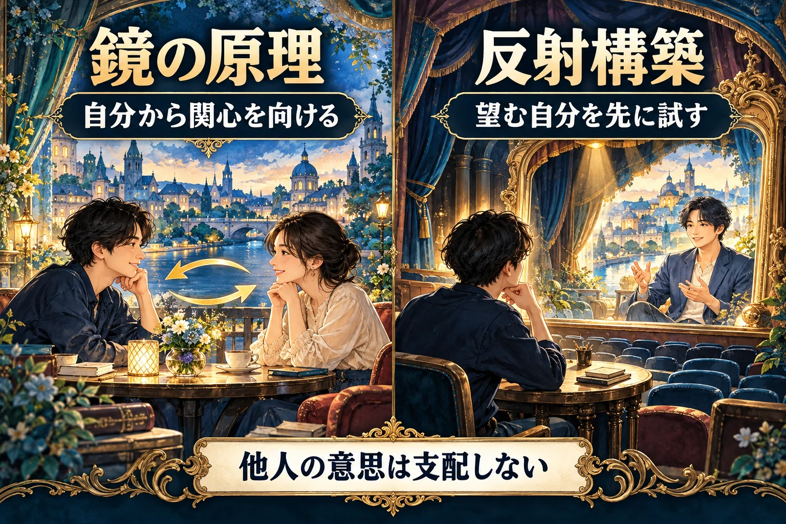 本書の鏡の原理と、未来の自分の感覚を先に試す反射構築を左右に分けた図