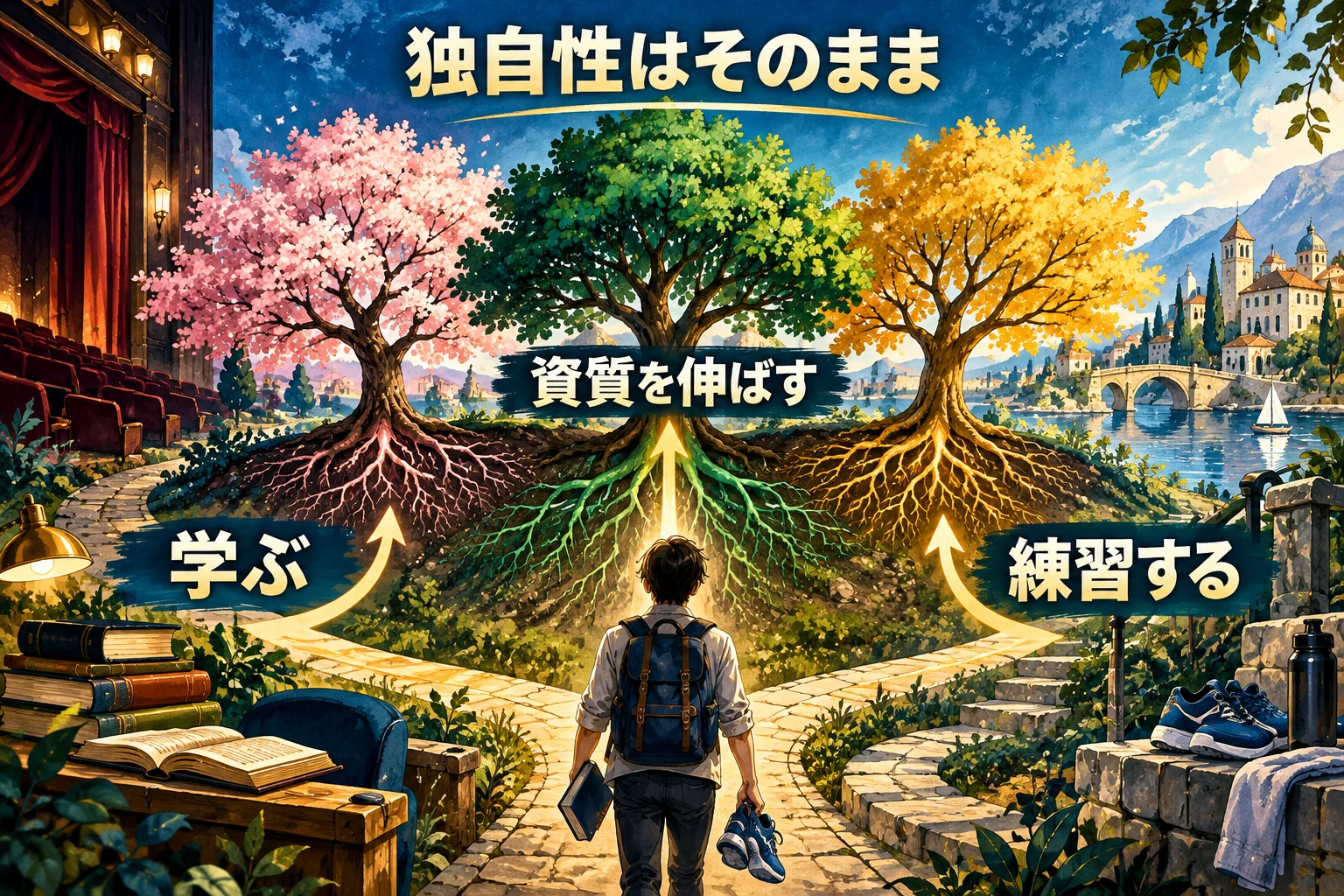独自性を保ったまま学習と練習で自分を育てる、本書の自己成長の図