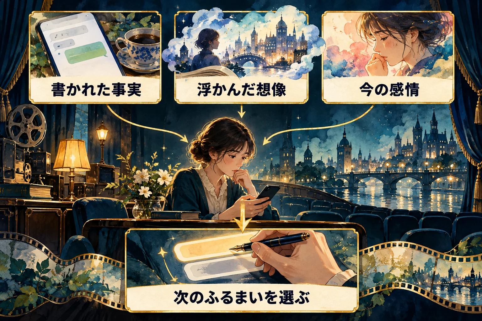 返信する前に、画面に書かれた事実・浮かんだ想像・今の感情を分けて見てから次の行動を選ぶ図