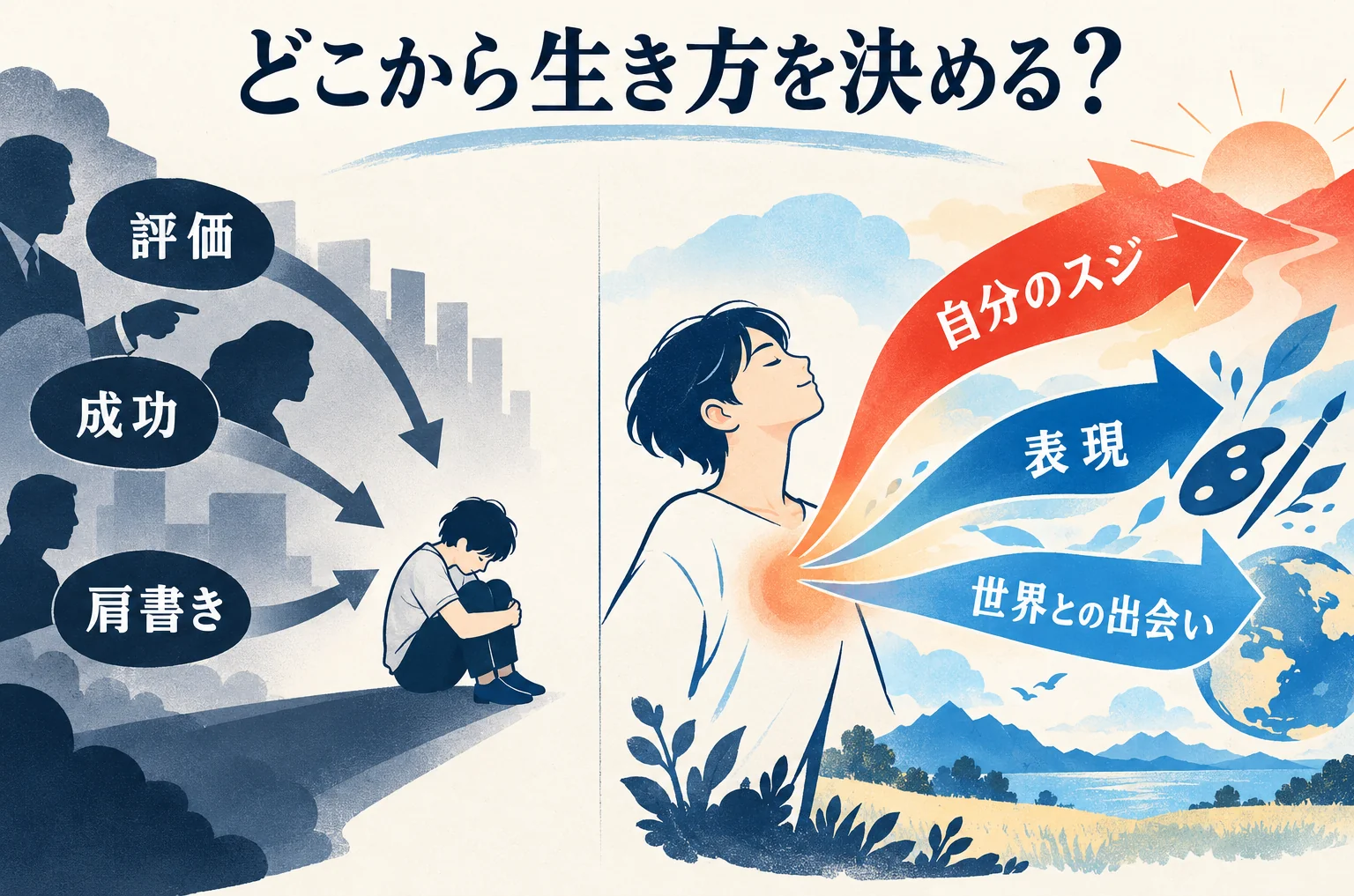 他人の評価で自分を小さくする向きと、自分のスジから世界へひらく向きを比べた本の見取り図